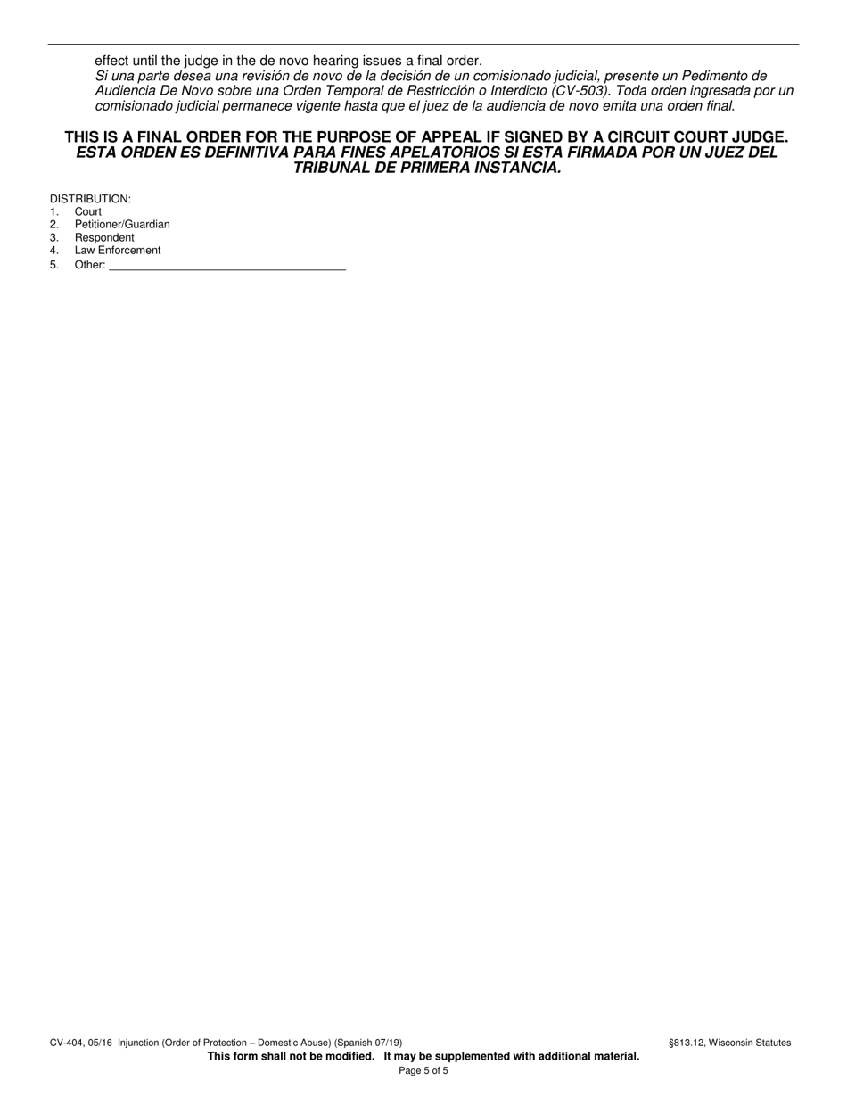 Form CV-404 Injunction - Domestic Abuse - Wisconsin (English / Spanish), Page 5