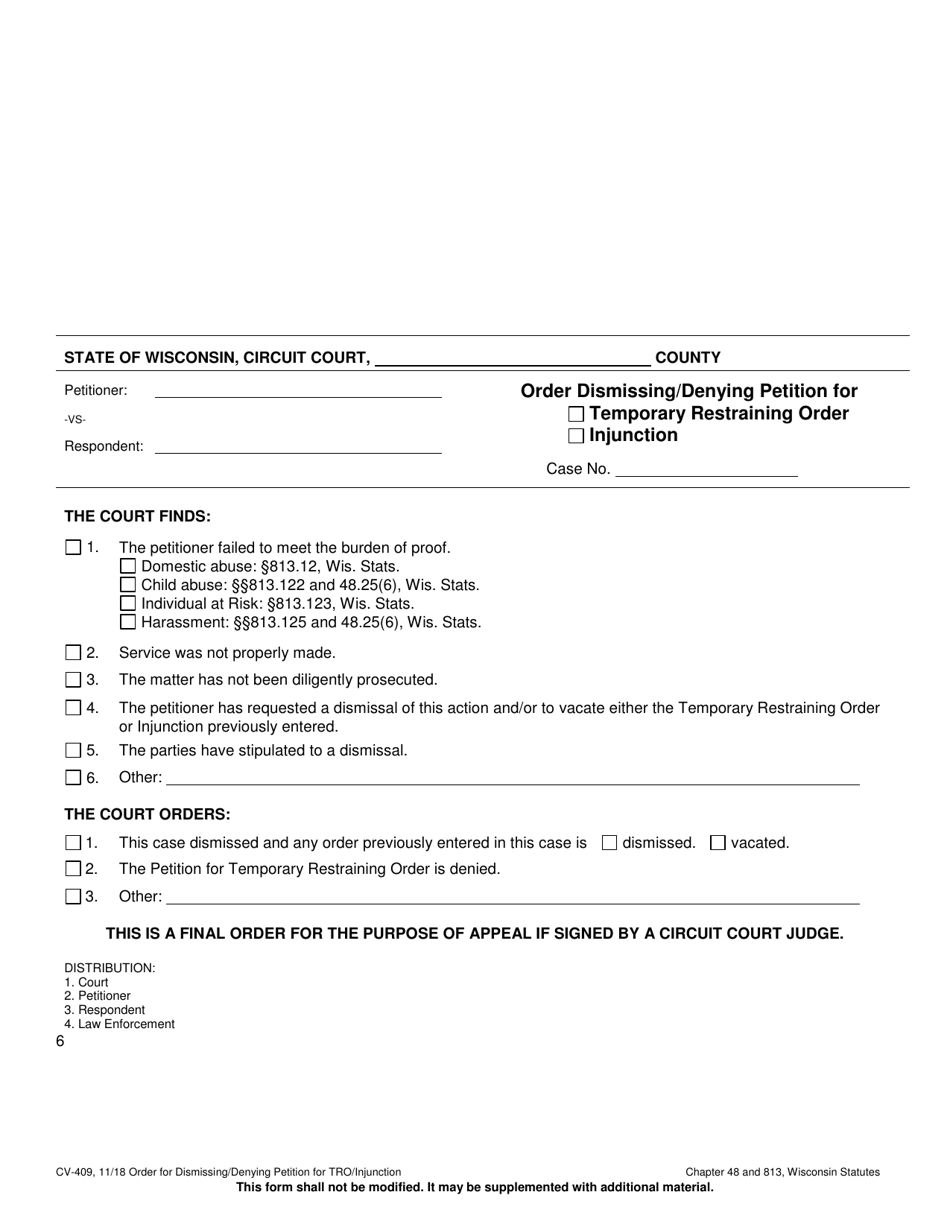 Form CV-409 Download Printable PDF Or Fill Online Order Dismissing ...