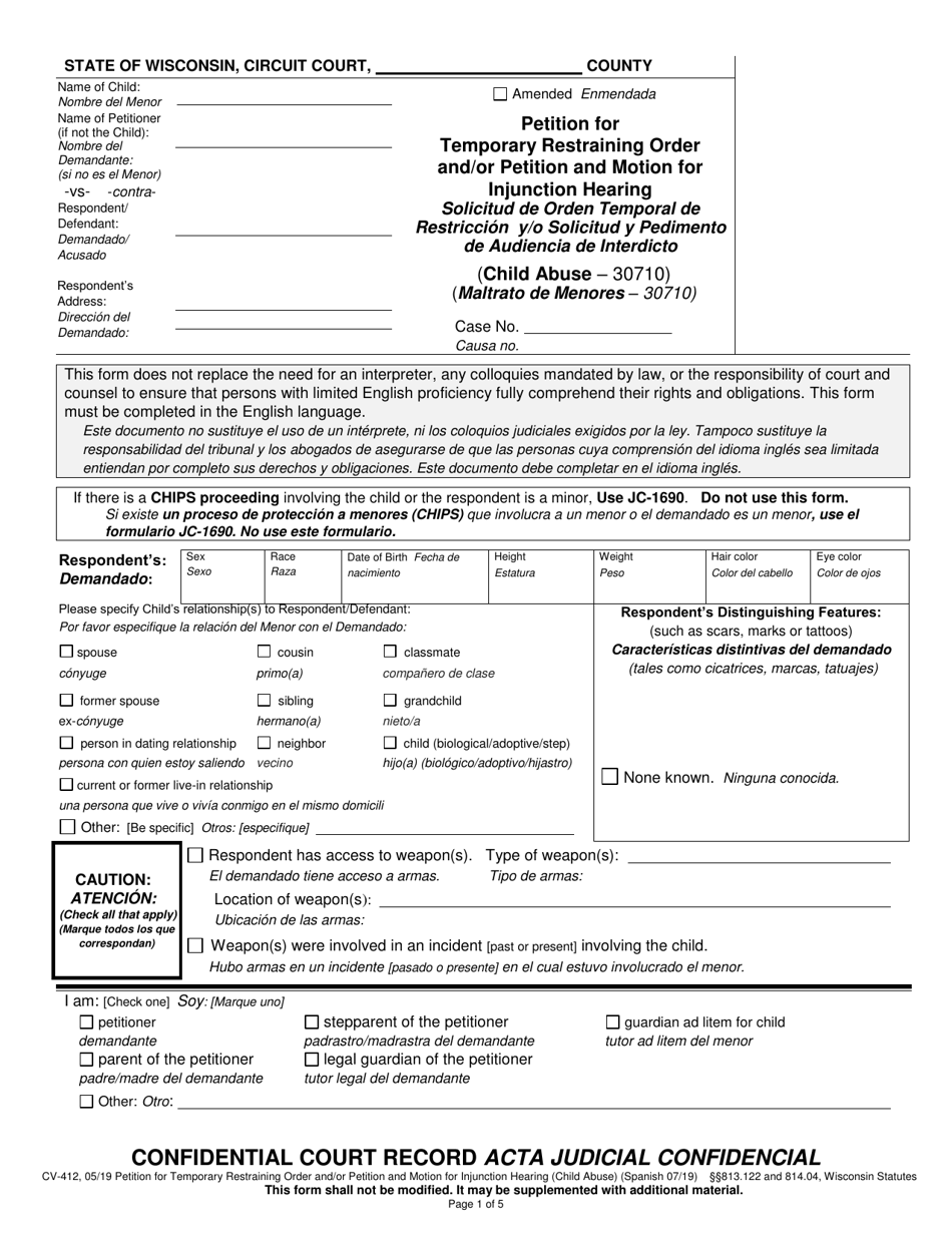 Form CV-412 Petition for Temporary Restraining Order and / or Petition and Motion for Injunction Hearing - Wisconsin (English / Spanish), Page 1