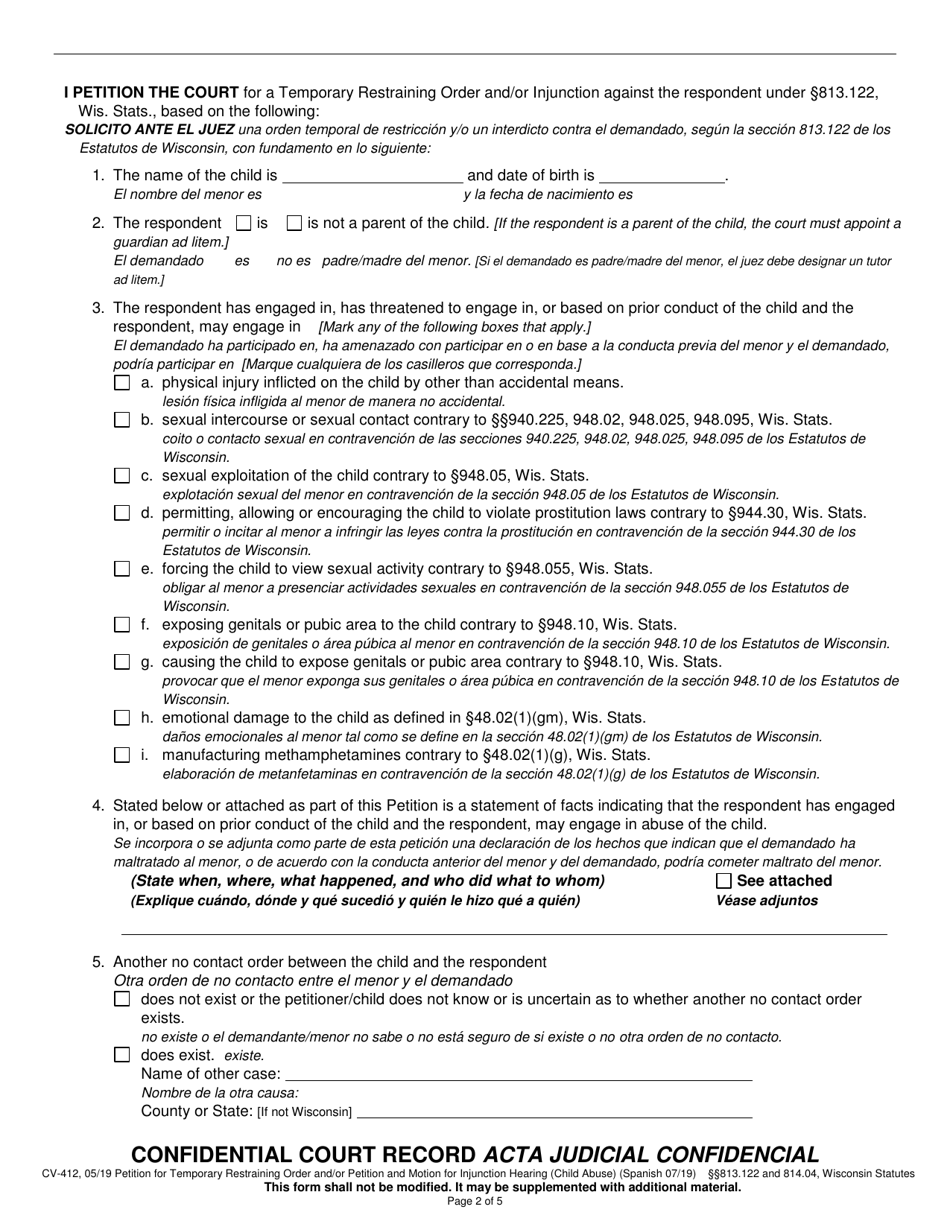 Form CV-412 Petition for Temporary Restraining Order and / or Petition and Motion for Injunction Hearing - Wisconsin (English / Spanish), Page 2