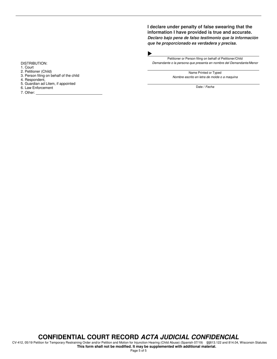 Form CV-412 Petition for Temporary Restraining Order and / or Petition and Motion for Injunction Hearing - Wisconsin (English / Spanish), Page 5