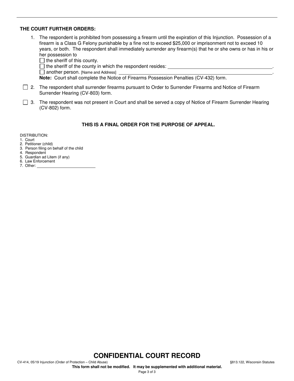 Form CV-414 Injunction - Child Abuse - Wisconsin, Page 3