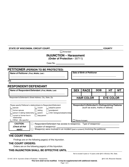 Form CV-407  Printable Pdf