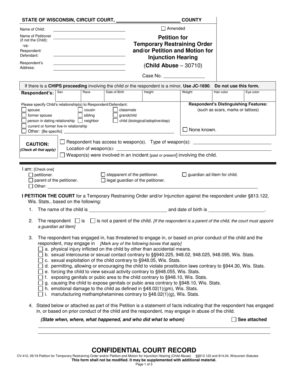 Form CV-412 Petition for Temporary Restraining Order and / or Petition and Motion for Injunction Hearing (Child Abuse) - Wisconsin, Page 1