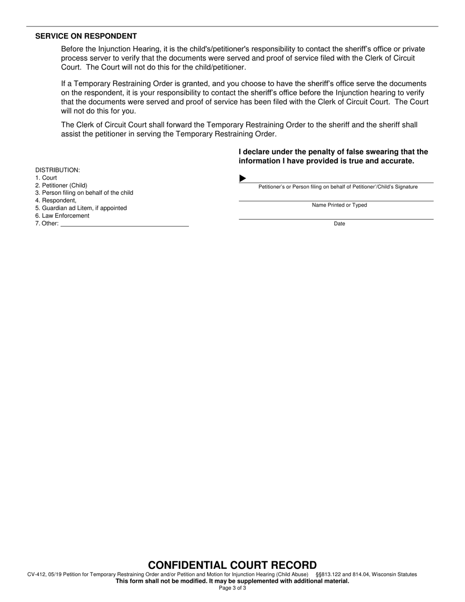 Form CV-412 Petition for Temporary Restraining Order and / or Petition and Motion for Injunction Hearing (Child Abuse) - Wisconsin, Page 3