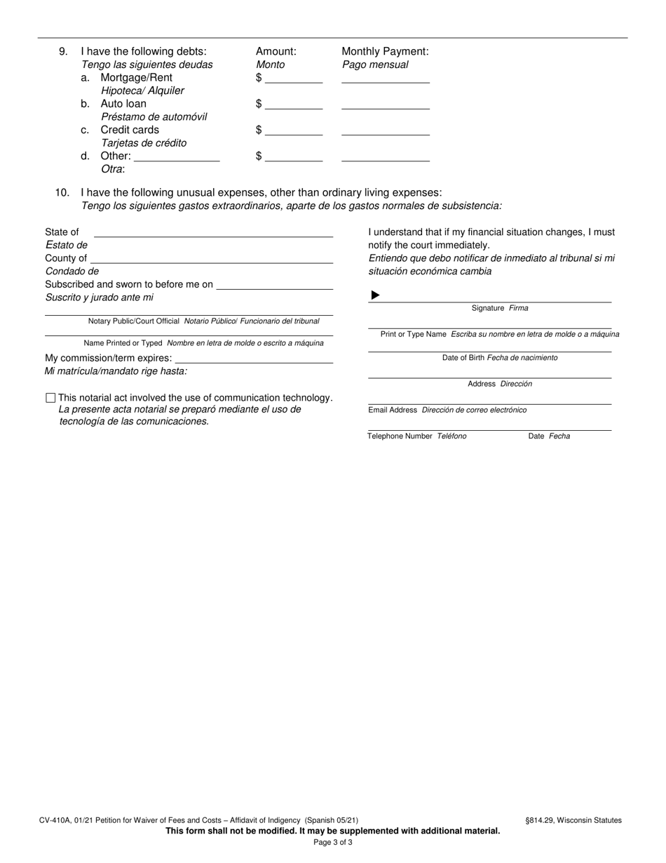 Form CV-410A Petition for Waiver of Fees and Costs - Affidavit of Indigency - Wisconsin (English / Spanish), Page 3