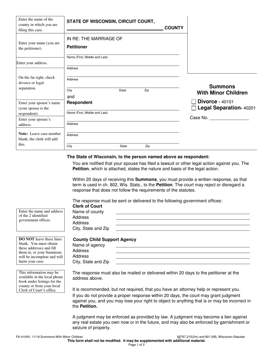 Form FA-4104V Summons With Minor Children - Wisconsin, Page 1
