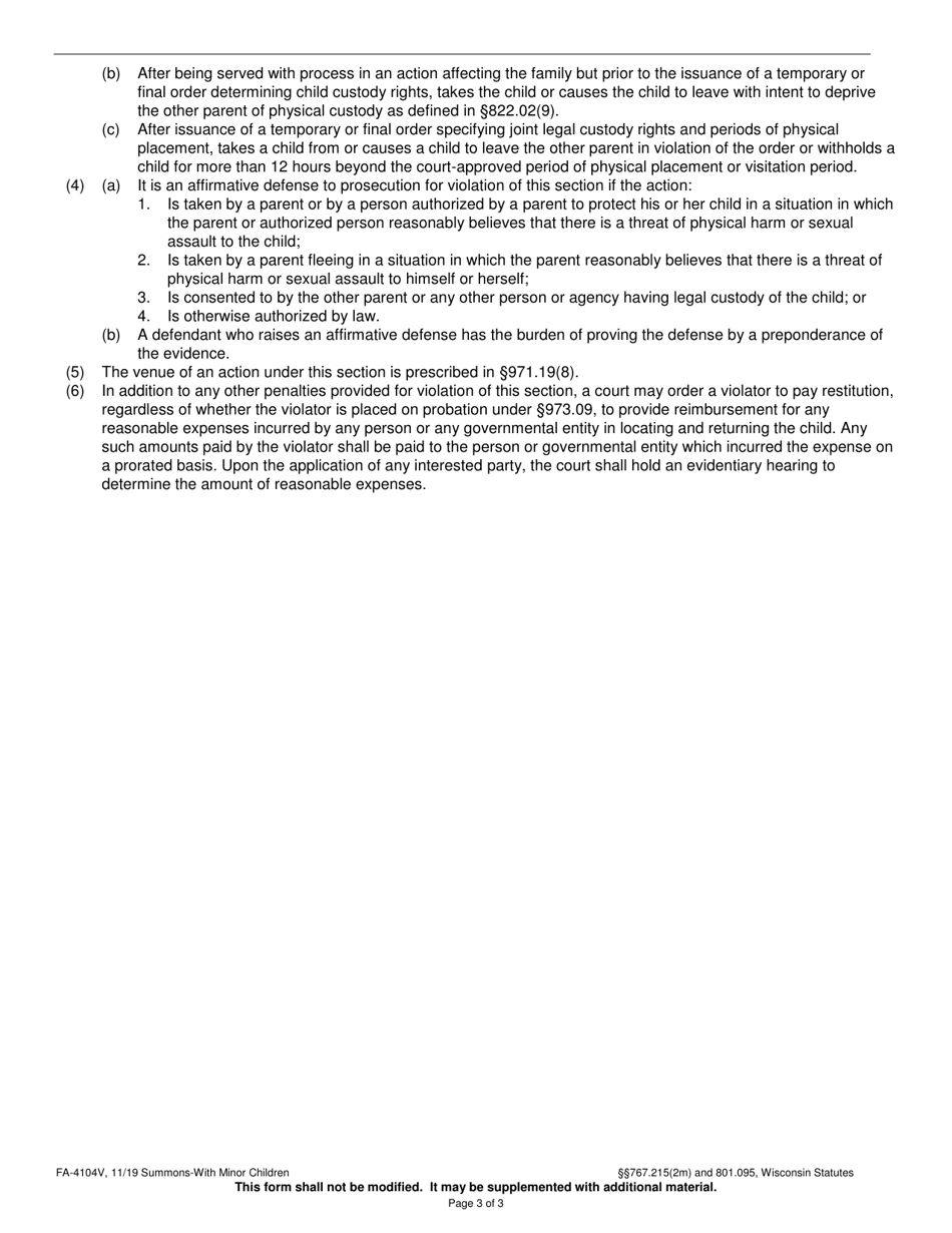 Form FA-4104V Summons With Minor Children - Wisconsin, Page 3