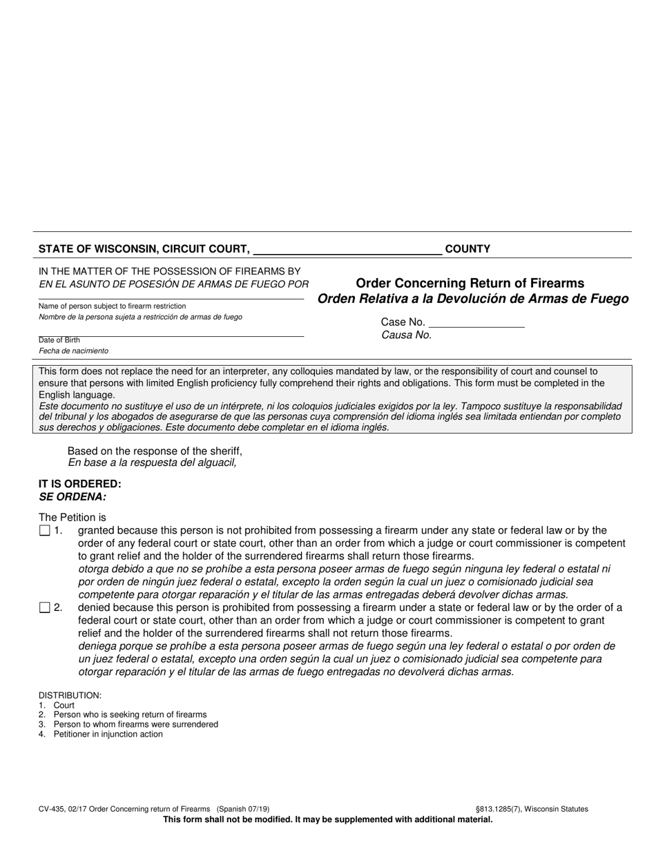 Form CV-435 Order Concerning Return of Firearms - Wisconsin (English / Spanish), Page 1