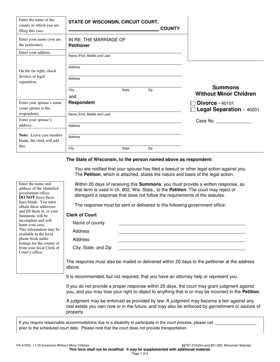 Form FA-4105V Summons Without Minor Children - Wisconsin, Page 1