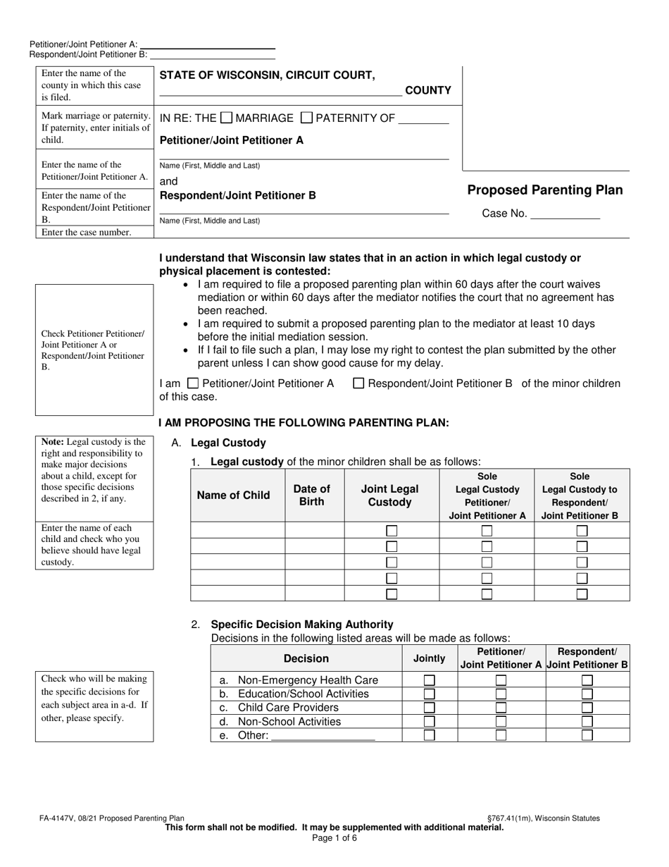 Form FA-4147V Proposed Parenting Plan - Wisconsin, Page 1