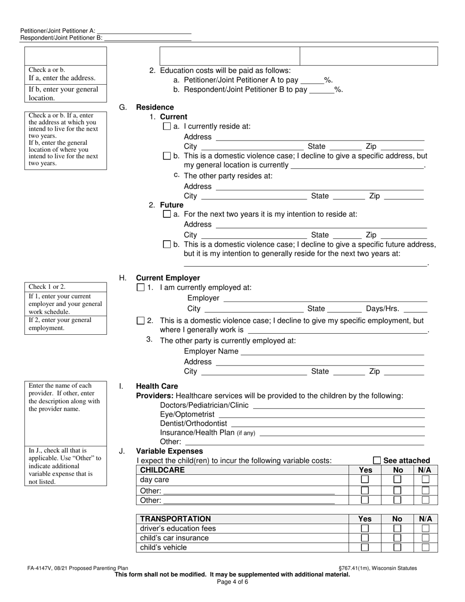 Form FA-4147V Proposed Parenting Plan - Wisconsin, Page 4