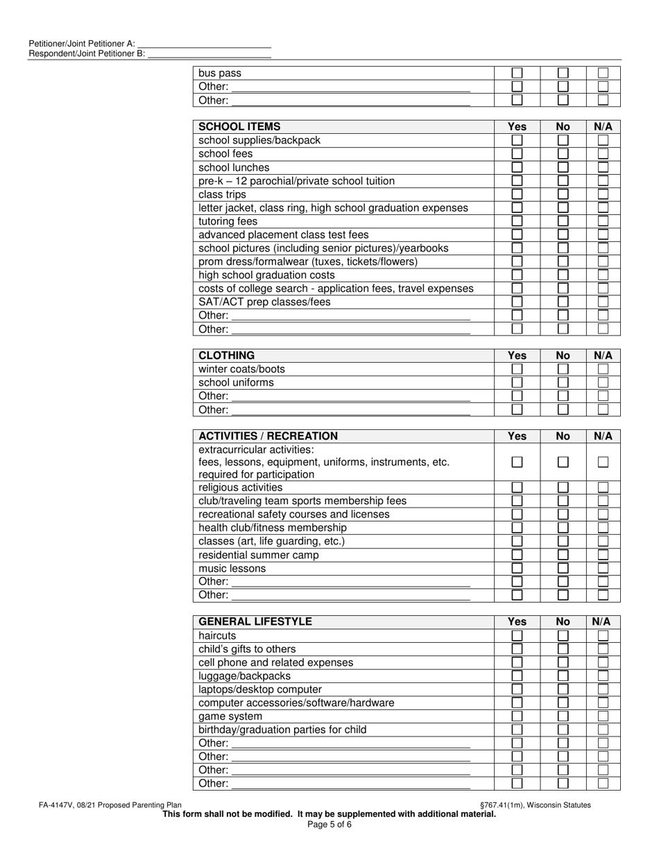 Form FA-4147V Proposed Parenting Plan - Wisconsin, Page 5