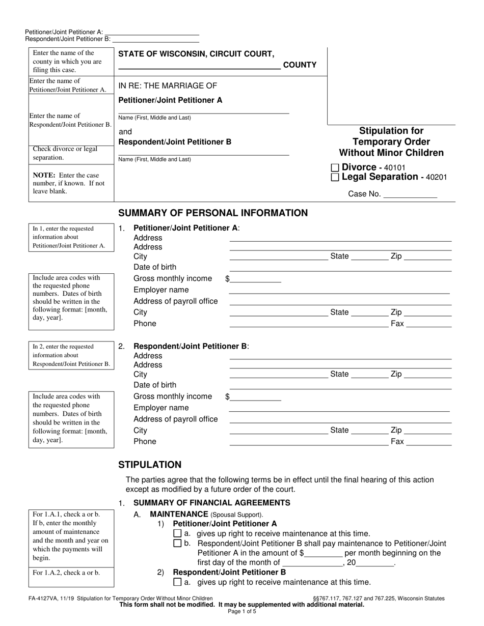 Form FA-4127VA Stipulation for Temporary Order Without Minor Children - Wisconsin, Page 1