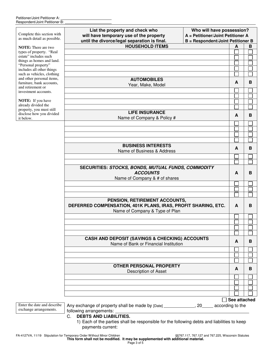 Form FA-4127VA Stipulation for Temporary Order Without Minor Children - Wisconsin, Page 3