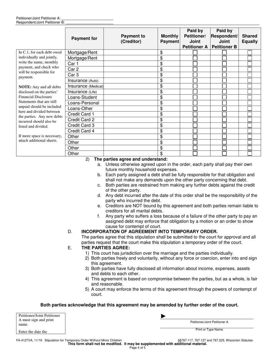 Form FA-4127VA Stipulation for Temporary Order Without Minor Children - Wisconsin, Page 4