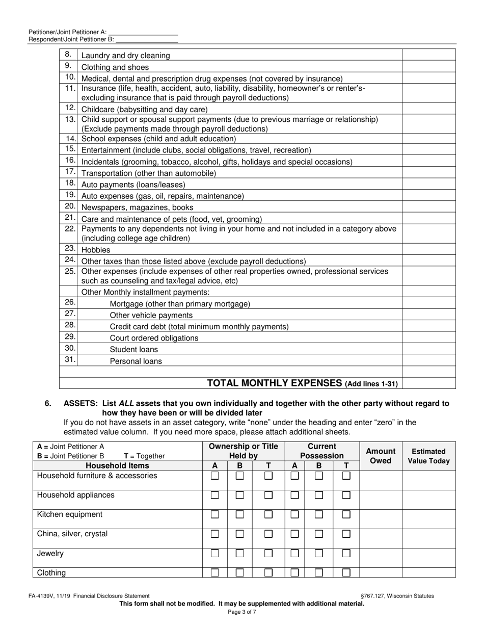 Form FA-4139V Financial Disclosure Statement - Wisconsin, Page 3