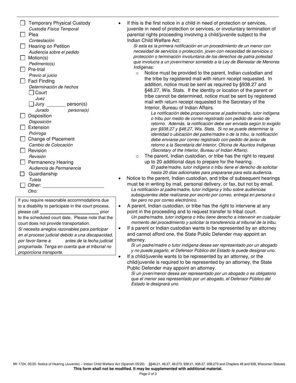Form IW-1724 Notice of Hearing (Juvenile) - Indian Child Welfare Act - Wisconsin (English / Spanish), Page 2