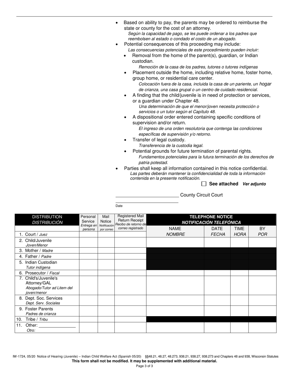 Form IW-1724 Notice of Hearing (Juvenile) - Indian Child Welfare Act - Wisconsin (English / Spanish), Page 3