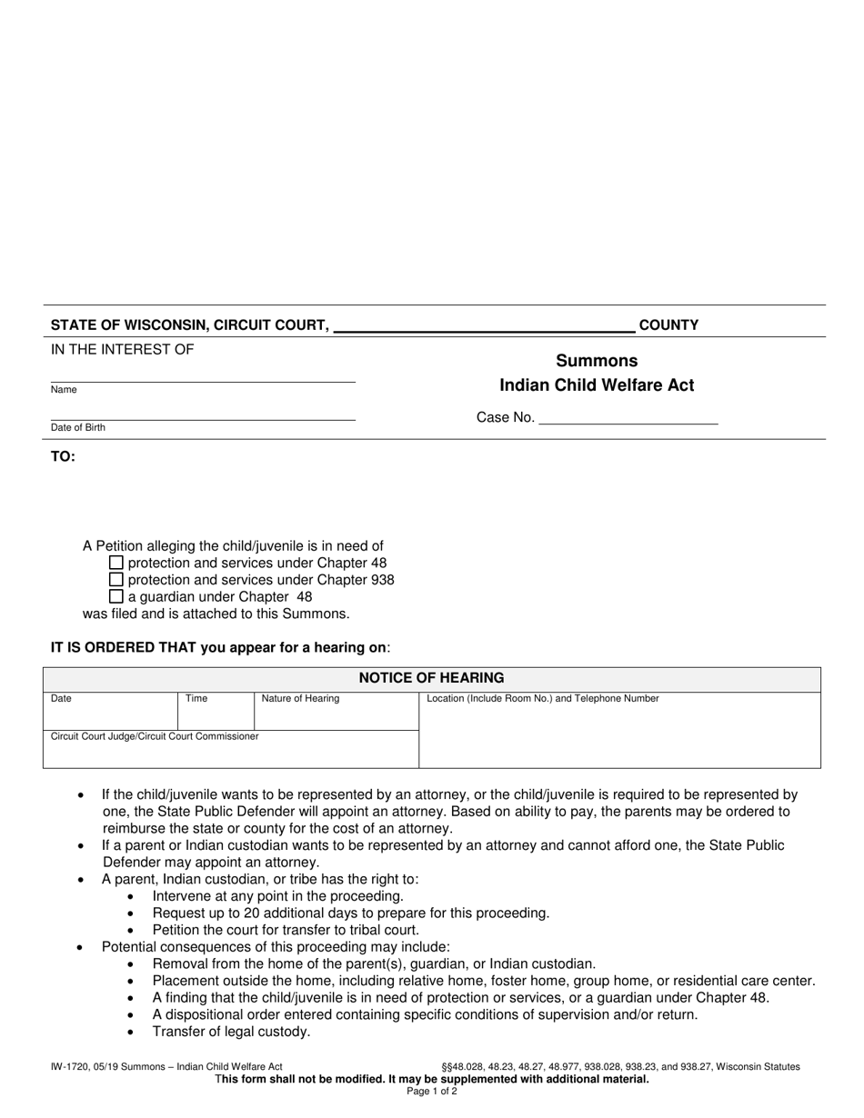 Form IW-1720 Summons - Indian Child Welfare Act - Wisconsin, Page 1