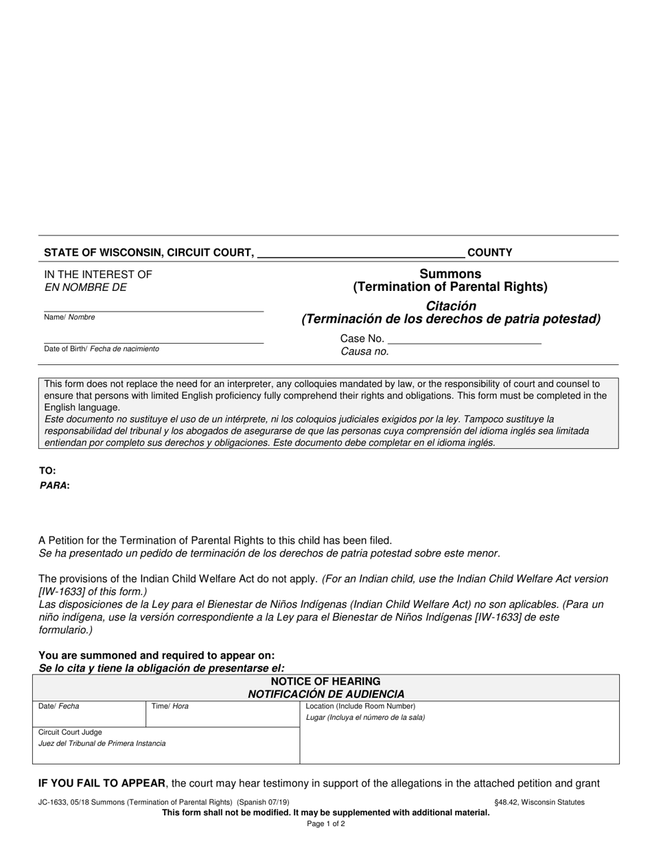 Form JC-1633 Summons (Termination of Parental Rights) - Wisconsin (English / Spanish), Page 1