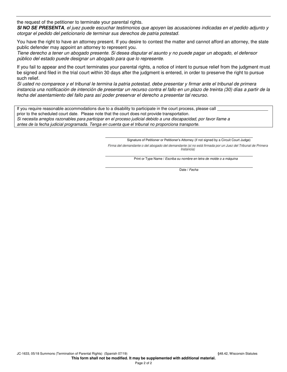 Form JC-1633 Summons (Termination of Parental Rights) - Wisconsin (English / Spanish), Page 2