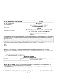 Document preview: Form IW-1633 Summons (Termination of Parental Rights) - Indian Child Welfare Act - Wisconsin (English/Spanish)