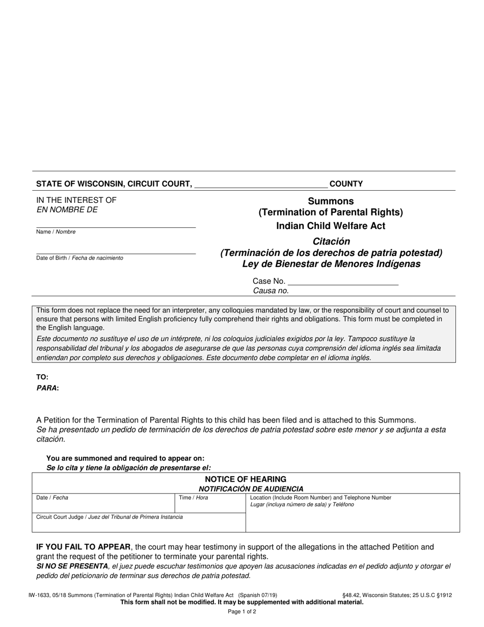 Form IW-1633 Summons (Termination of Parental Rights) - Indian Child Welfare Act - Wisconsin (English / Spanish), Page 1