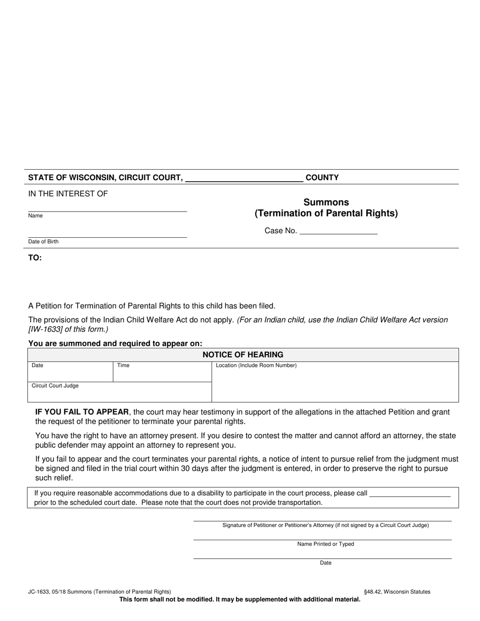Form JC-1633 Summons (Termination of Parental Rights) - Wisconsin, Page 1