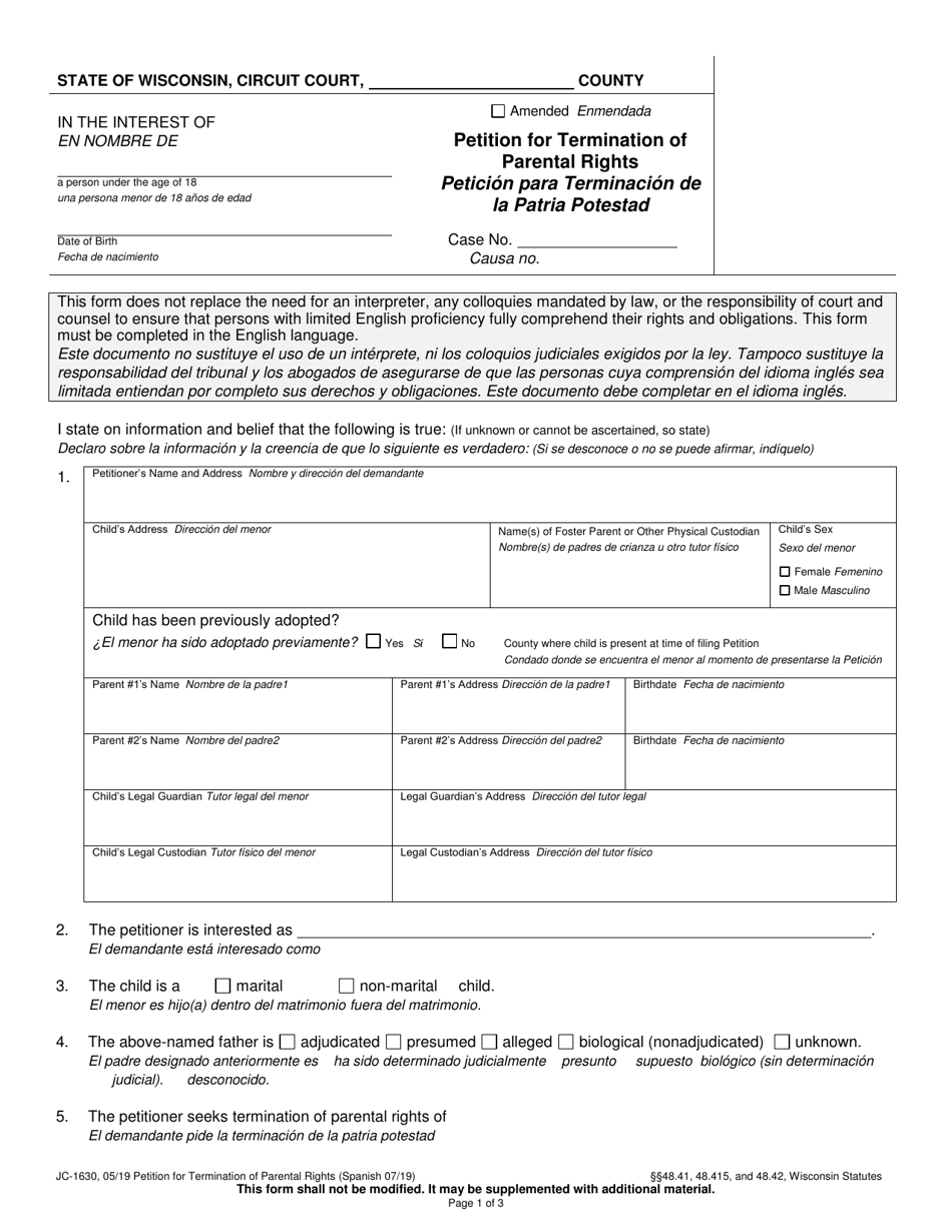 Form JC-1630 Petition for Termination of Parental Rights - Wisconsin (English / Spanish), Page 1