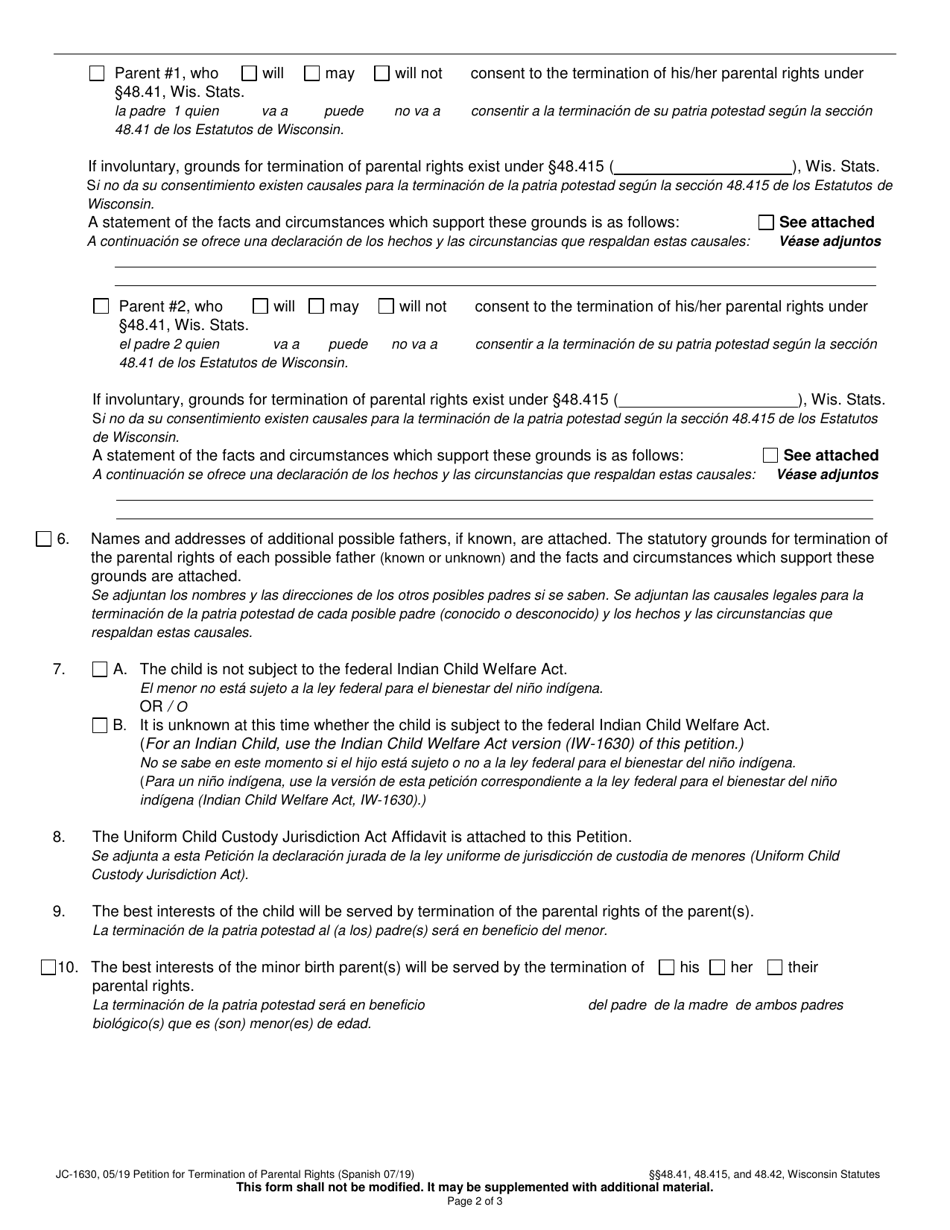 Form JC-1630 Petition for Termination of Parental Rights - Wisconsin (English / Spanish), Page 2
