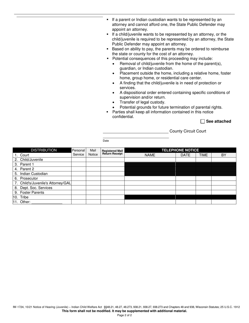 Form IW-1724 Notice of Hearing (Juvenile) - Indian Child Welfare Act - Wisconsin, Page 2