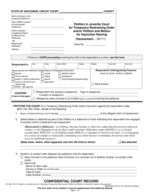 Form JC-1693 Petition in Juvenile Court for Temporary Restraining Order and/or Petition and Motion for Injunction Hearing (Harassment) - Wisconsin
