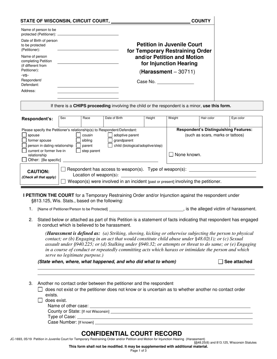 Form JC-1693 Petition in Juvenile Court for Temporary Restraining Order and / or Petition and Motion for Injunction Hearing (Harassment) - Wisconsin, Page 1