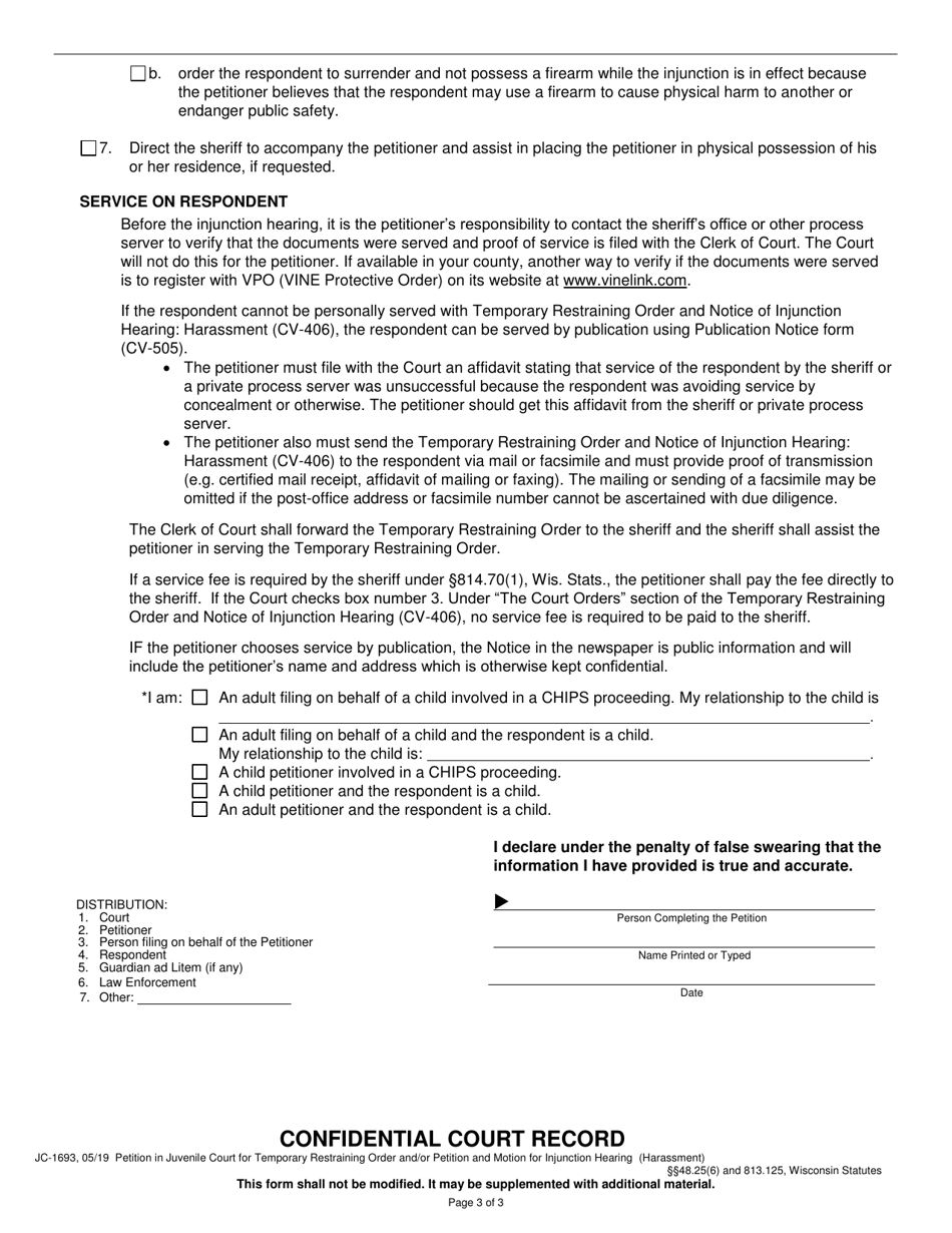 Form JC-1693 Petition in Juvenile Court for Temporary Restraining Order and / or Petition and Motion for Injunction Hearing (Harassment) - Wisconsin, Page 3