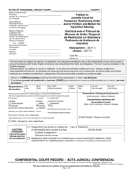 Document preview: Form JC-1693 Petition in Juvenile Court for Temporary Restraining Order and/or Petition and Motion for Injunction Hearing - Wisconsin (English/Spanish)