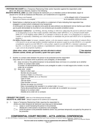 Form JC-1693 Petition in Juvenile Court for Temporary Restraining Order and/or Petition and Motion for Injunction Hearing - Wisconsin (English/Spanish), Page 2