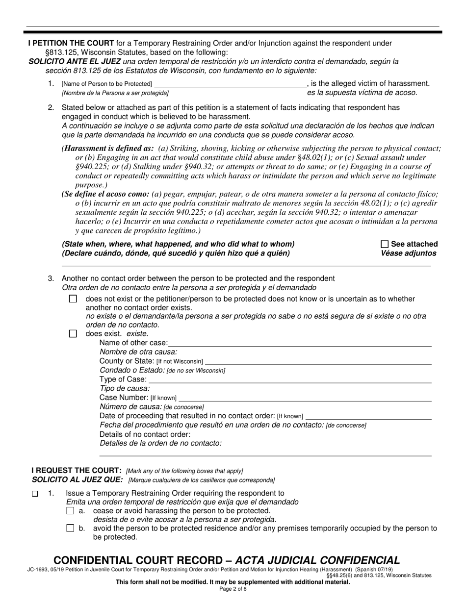 Form JC-1693 Petition in Juvenile Court for Temporary Restraining Order and / or Petition and Motion for Injunction Hearing - Wisconsin (English / Spanish), Page 2
