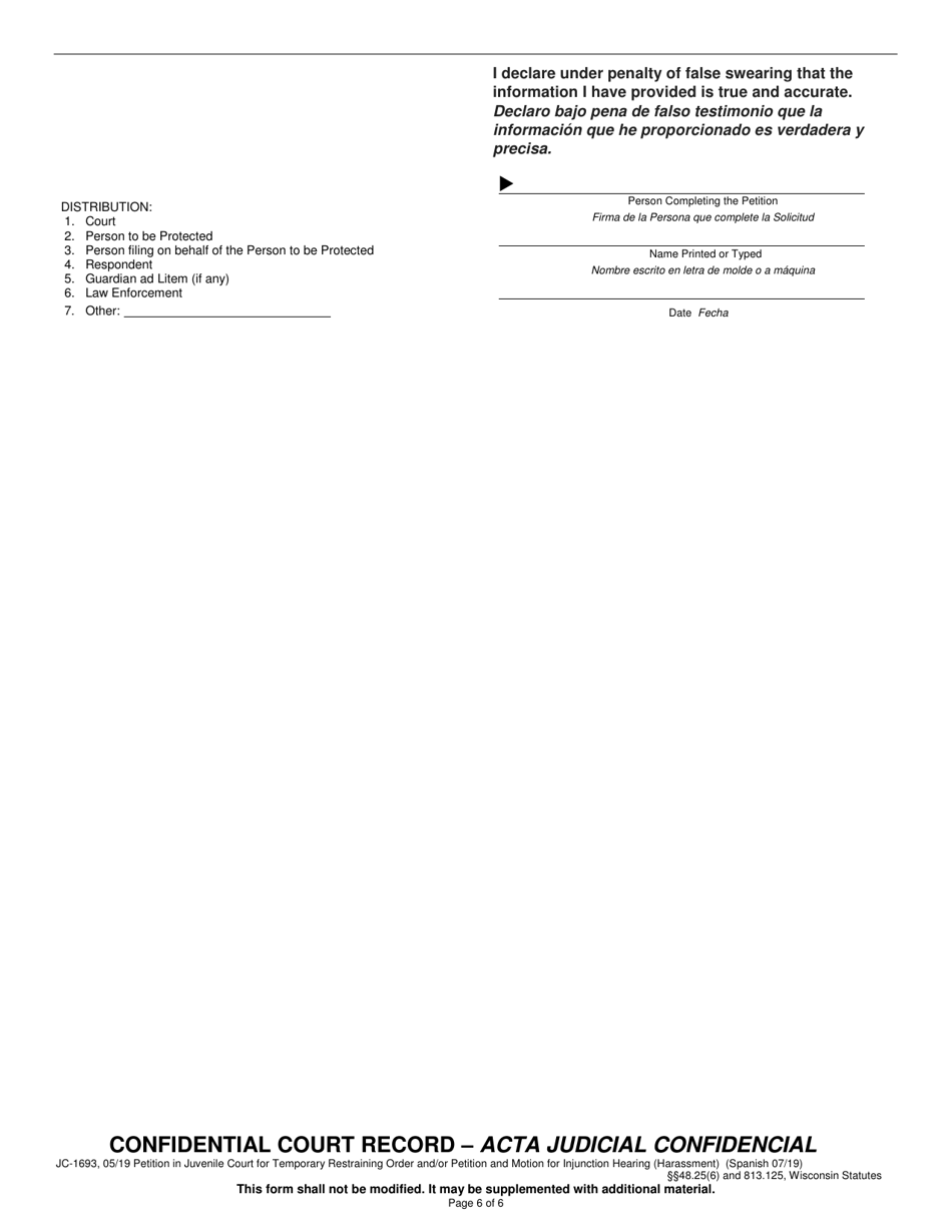 Form JC-1693 Petition in Juvenile Court for Temporary Restraining Order and / or Petition and Motion for Injunction Hearing - Wisconsin (English / Spanish), Page 6