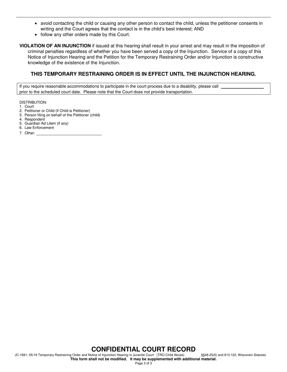 Form JC-1691 Temporary Restraining Order in Juvenile Court (Temporary Order of Protection) and Notice of Injunction Hearing (Child Abuse) - Wisconsin, Page 3