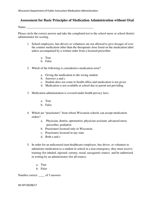 Assessment for Basic Principles of Medication Administration Without Oral - Wisconsin