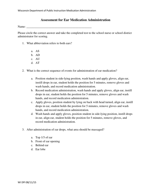 Assessment for Ear Medication Administration - Wisconsin Download Pdf