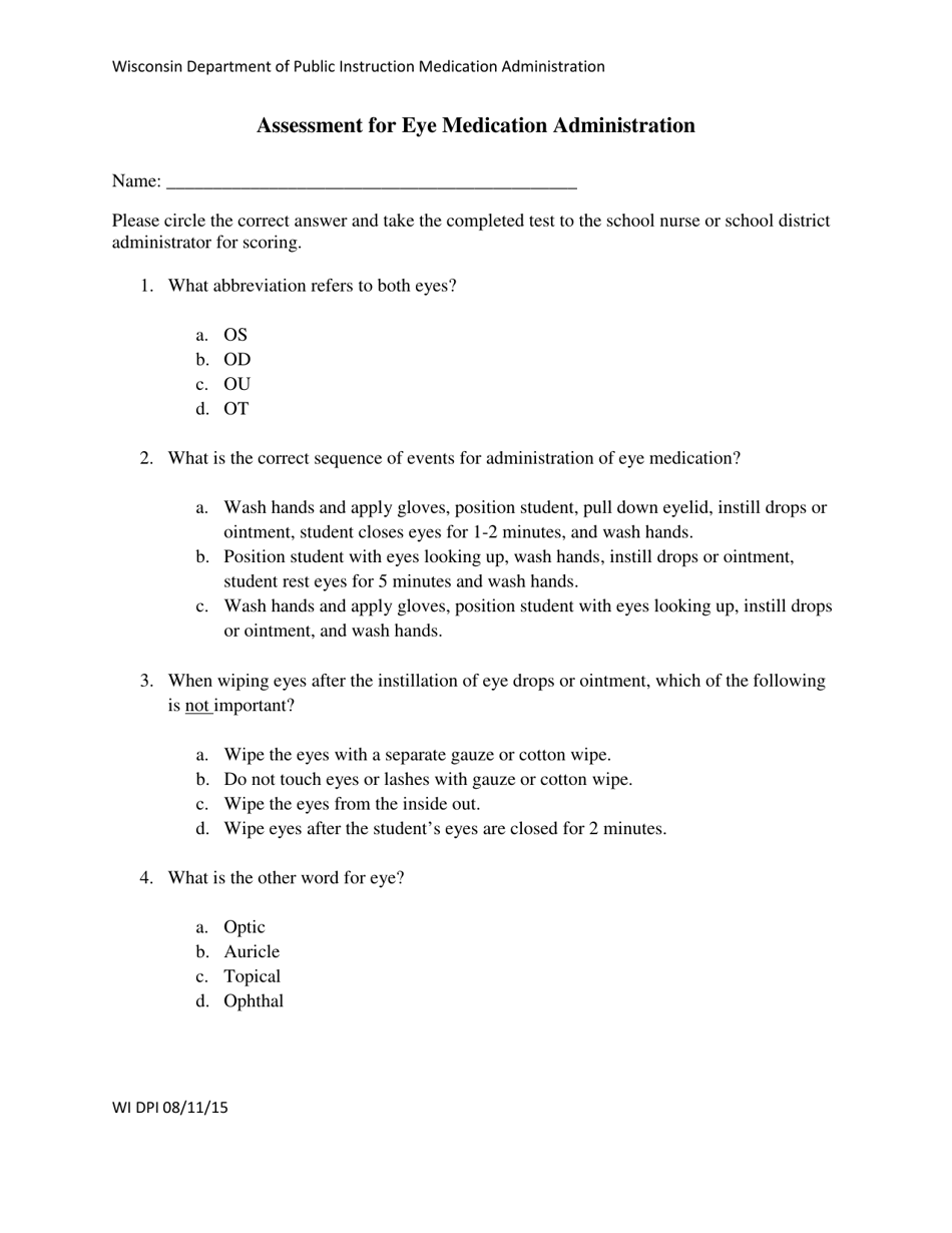 Wisconsin Assessment for Eye Medication Administration Fill Out, Sign