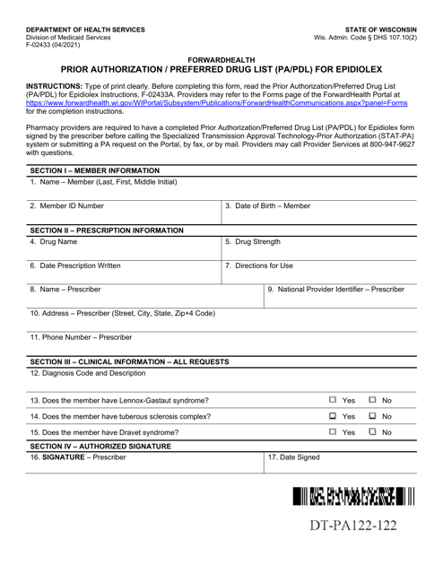 Form F-02433 Prior Authorization/Preferred Drug List (Pa/Pdl) for Epidiolex - Wisconsin