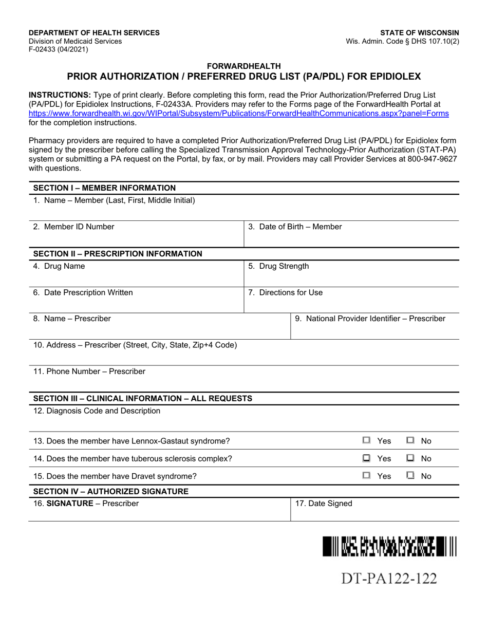 Form F-02433 Prior Authorization / Preferred Drug List (Pa / Pdl) for Epidiolex - Wisconsin, Page 1