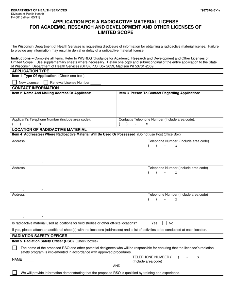Form F-45016 Application for a Radioactive Material License for Academic, Research and Development and Other Licenses of Limited Scope - Wisconsin, Page 1