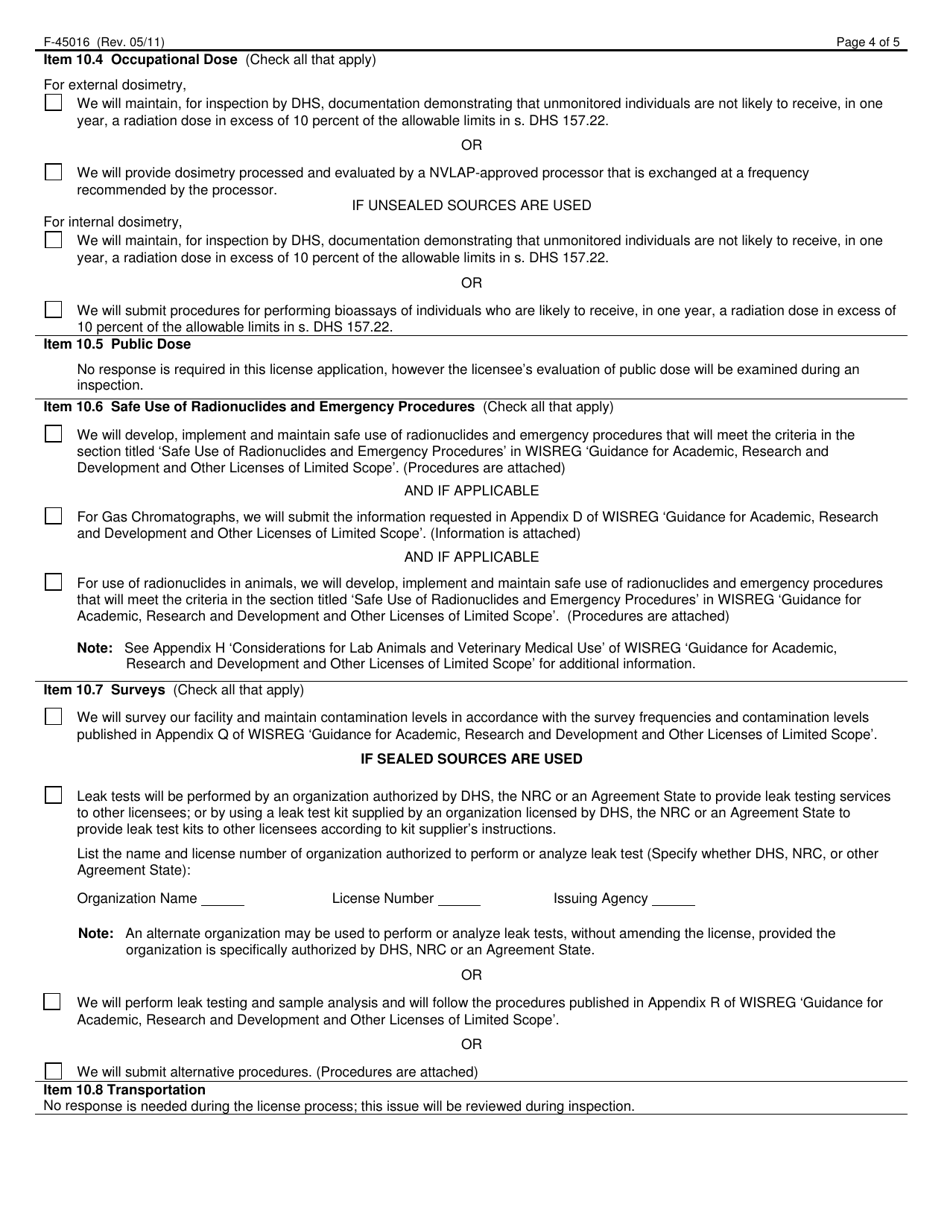 Form F-45016 Application for a Radioactive Material License for Academic, Research and Development and Other Licenses of Limited Scope - Wisconsin, Page 4
