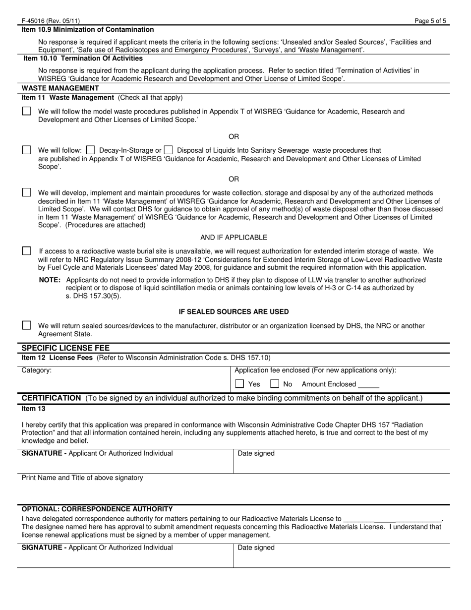 Form F-45016 Application for a Radioactive Material License for Academic, Research and Development and Other Licenses of Limited Scope - Wisconsin, Page 5