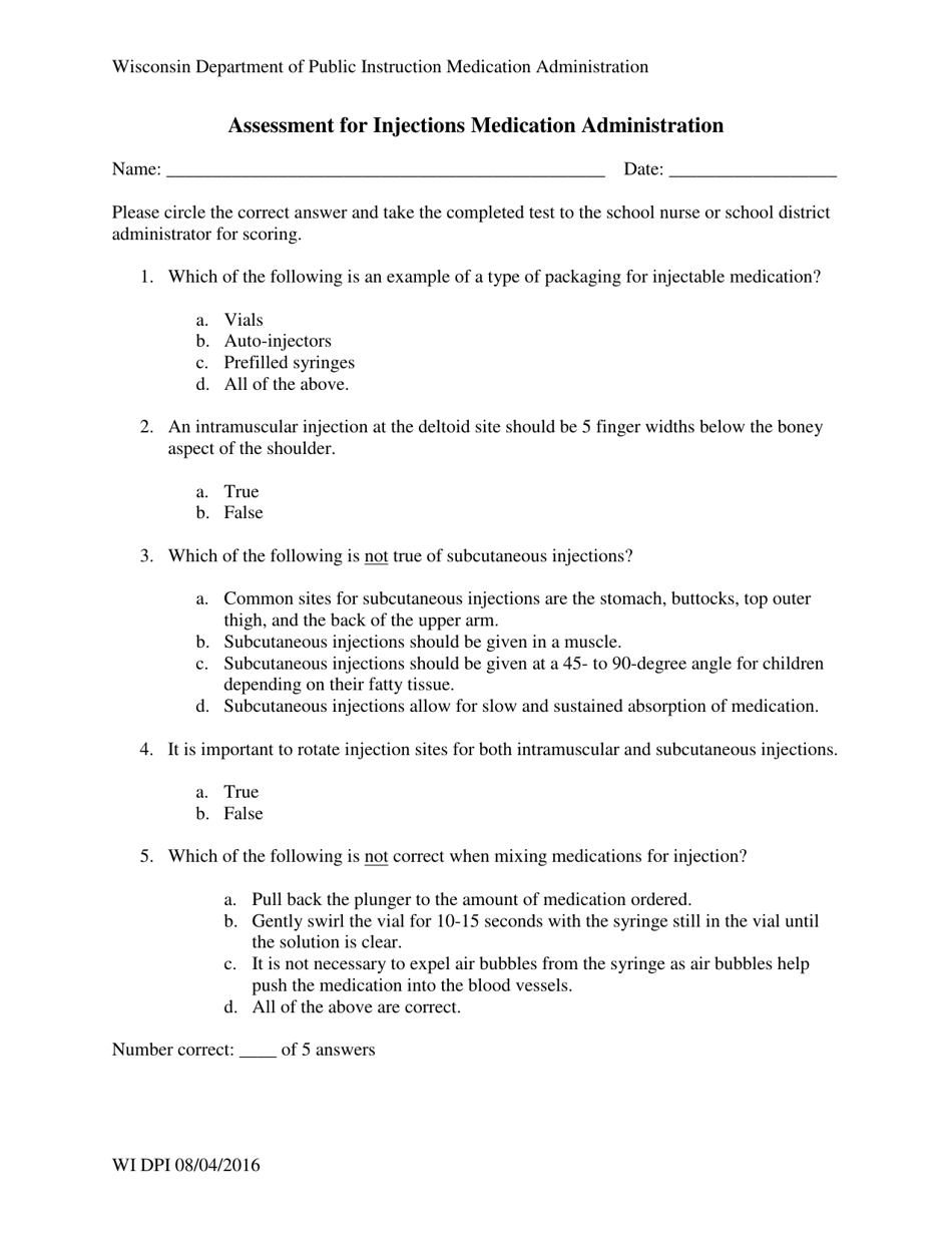 Assessment for Injections Medication Administration - Wisconsin, Page 1
