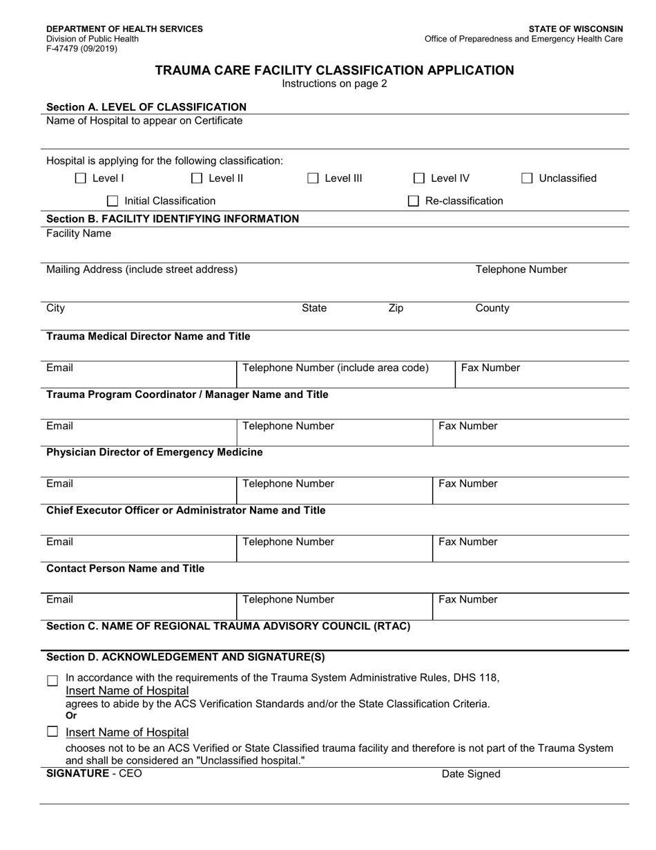 Form F-47479 Trauma Care Facility Classification Application - Wisconsin, Page 1